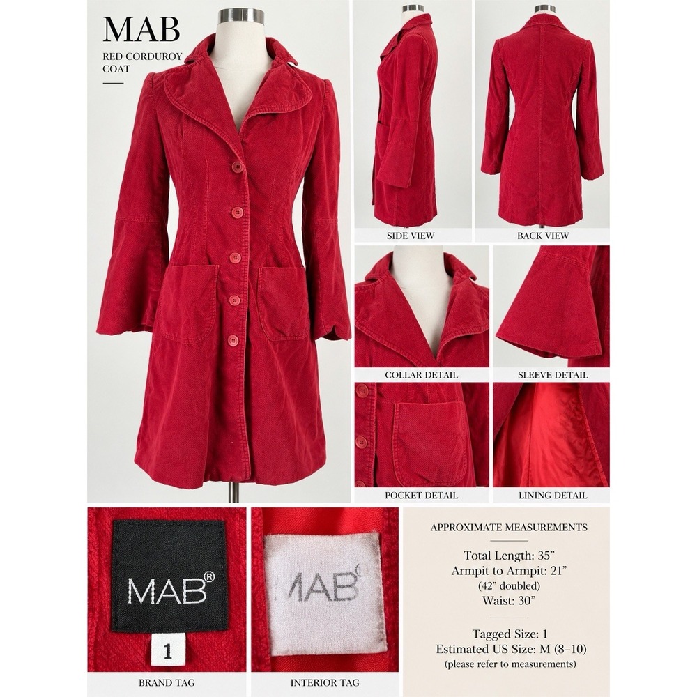 MAB Women's Size M Red Corduroy Coat Jacket Long Bell Sleeve Button Front